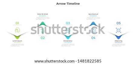 Horizontal zigzag timeline with five colorful staggered arrows or pointers. Concept of 5 milestones of company development. Flat infographic design template. Vector illustration for presentation.