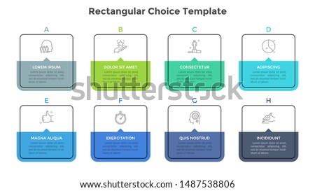 Eight square elements or rectangular frames placed in horizontal row. Visualization of 8-stepped business process. Simple infographic design template. Flat vector illustration for presentation, report