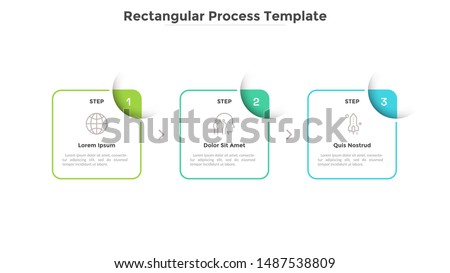 Three square elements placed in horizontal row and connected by arrows. Diagram representing 3 stages of business process. Simple infographic design template. Vector illustration for presentation.