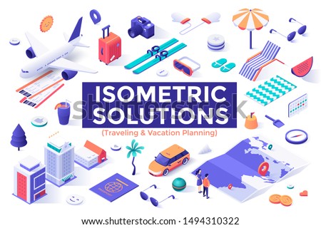 Collection of colorful isometric design elements or objects isolated on white background - tourism, travel, summer trip or journey, vacation planning, touristic service. Modern vector illustration.