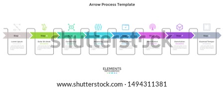 Eight colorful arrows placed in horizontal row. Concept of 8 steps or stages of business development plan. Minimal infographic design template. Vector illustration for presentation, progress bar.