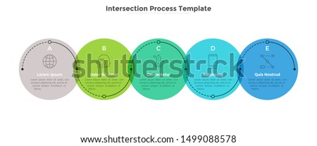 Process diagram with five intersected colorful translucent round elements. Concept of 5 development stages of business project. Flat infographic design template. Vector illustration for progress bar.