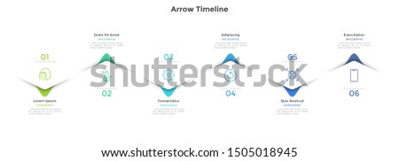 Horizontal zigzag timeline with six colorful staggered arrows or pointers. Concept of 6 milestones of company development. Flat infographic design template. Vector illustration for presentation.