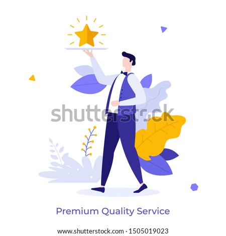Waiter carrying golden shining star on tray. Concept of professional service of premium quality, luxury restaurant, vip bonus. Modern flat colorful vector illustration for advertisement, promotion.