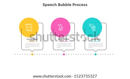 Process chart with 3 speech bubble elements placed in horizontal row. Concept of three successive steps of business progress. Minimal infographic design template. Modern flat vector illustration.