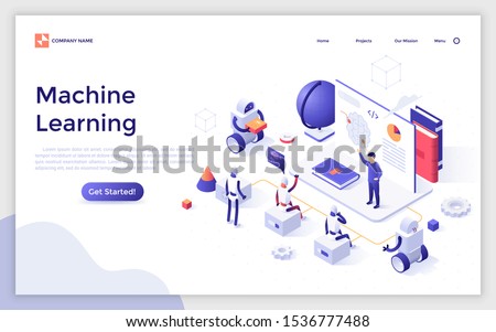 Landing page template with teacher giving lecture to robots. Concept of artificial intelligence, machine learning and computer science. Modern isometric vector illustration for website, webpage.