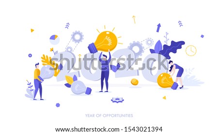 Infographic banner template with group of people carrying lightbulbs. 2020 - year of opportunities. Perspectives in creation of innovative ideas or technologies. Vector illustration in flat style.