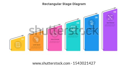 Ascending bar graph with 6 colorful columns placed in horizontal row. Concept of six successive steps of business growth and development. Simple infographic design template. Flat vector illustration.