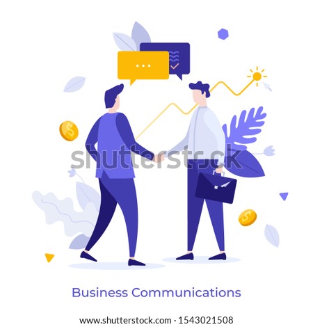 Pair of businessmen or managers shaking hands and talking. Concept of business agreement, deal, cooperation for development, growth and progress of startup company. Modern flat vector illustration.