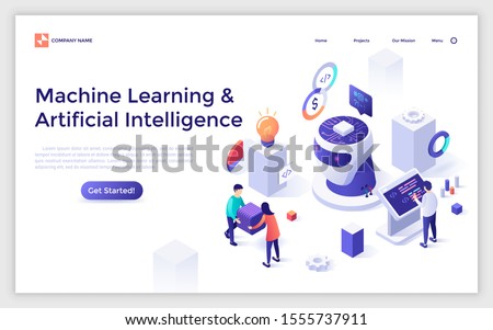 Landing page template with people working in lab and programming microchip placed inside robot's head. Concept of scientific research in AI technology, machine learning. Isometric vector illustration. 商業照片 © 