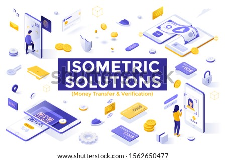 Collection of isometric design elements isolated on white background - application for secure money transfers, mobile verification and identification, protection of funds. Modern vector illustration.