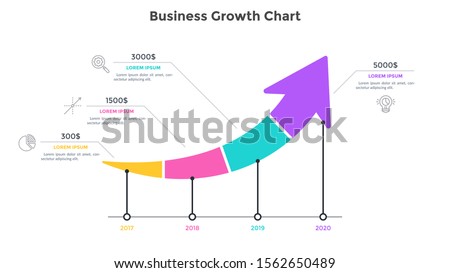 Ascending arrow chart divided into 4 parts. Concept of annual growth of company's financial profit. Simple infographic design template. Modern flat vector illustration for banner, presentation.