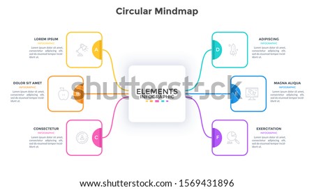 Mind map with 6 paper white rectangular elements connected to main square. Concept of six features of business project. Minimal infographic design template. Flat vector illustration for presentation.