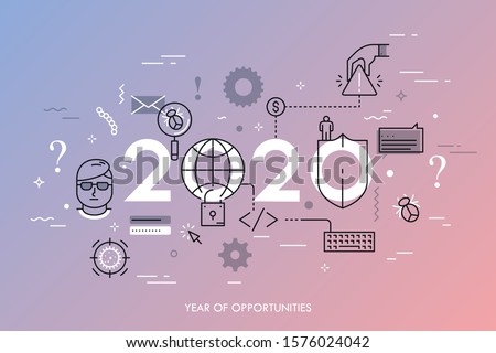 Infographic concept, 2020 - year of opportunities. New trends, prospects and predictions in web security, antivirus protection, internet safety and encryption. Vector illustration in thin line style.