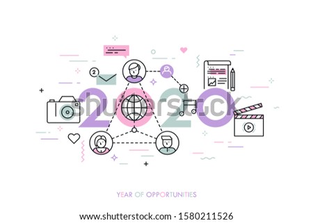 Infographic concept 2020 year of opportunities. New trends and prospects in global communication, online networking, social media, internet content sharing. Vector illustration in thin line style.