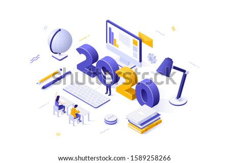 Infographic banner template with 2020 number, computer, classroom with students and teacher. Concept of year of opportunities in distant education, online learning. Isometric vector illustration.