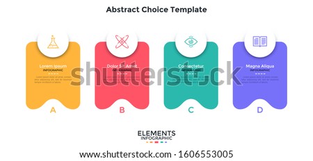 Four separate colorful abstract rectangular elements placed in horizontal row. Concept of 4 service features to select. Flat infographic design template. Simple vector illustration for website menu.