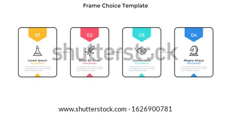 Progress bar with 4 rectangular frames or cards connected by dotted line. Concept of four stages of business strategy. Simple infographic design template. Modern vector illustration for presentation.