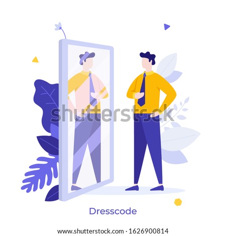 Clerk, manager or businessman looking at his reflection in mirror and evaluating his attire. Concept of office dress code, formal clothing, business clothes. Modern flat colorful vector illustration.