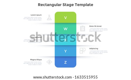 Five colorful rectangular elements placed one above other. Concept of 5 levels, grades or stages of business progress. Minimal infographic design template. Flat vector illustration for presentation.