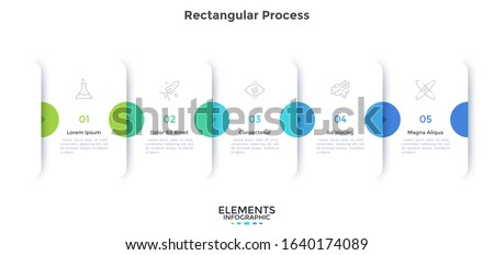 Progress bar with five overlapping paper white rectangular cards connected by arrows. Concept of 5 steps of business development process. Minimal infographic design template. Vector illustration.