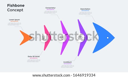 Fish chart divided into 5 parts or bones. Concept of five steps of fishery industry development. Creative infographic design template. Flat vector illustration for business process visualization.