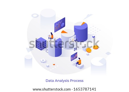 Giant diagrams, charts or graphs and people analyzing statistical or financial information, analysts calculating statistics. Concept of big data analysis process. Modern isometric vector illustration.