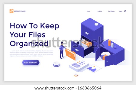 Landing page template with office worker and storage cabinet full of documents in folders. Concept of file organization, archive of business data or information. Modern isometric vector illustration.