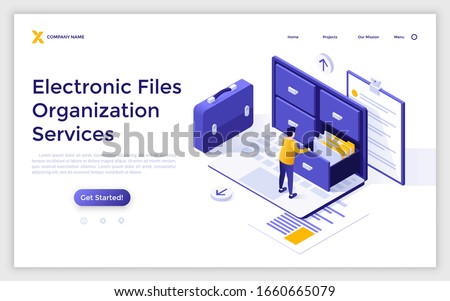 Landing page template with man standing on laptop computer and opening drawer of storage cabinet full of documents. Concept of electronic file organization service. Isometric vector illustration.