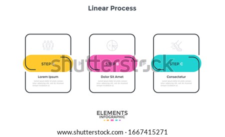 Progress diagram or flow chart with three linear rectangular elements placed in horizontal row. Concept of 3 startup development stages. Simple infographic design template. Modern vector illustration.