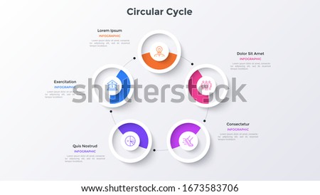 Ring-like cyclic chart with 5 paper white round elements. Concept of five steps of business cycle. Modern infographic design template. Simple vector illustration for business information analysis.