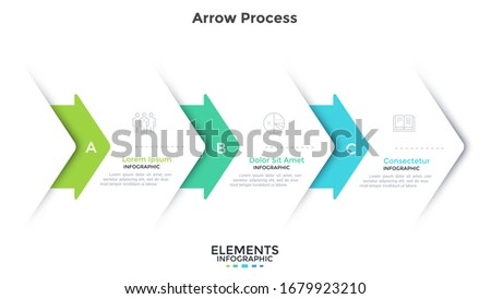 Flowchart with three overlaying paper white arrows placed in horizontal row. Concept of 3 steps of business project development process. Simple infographic design template. Flat vector illustration.