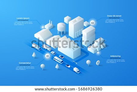 Isometric map or plan of urban industrial area with paper white factories or mills, warehouse buildings, water towers, transport on road. Infographic design template. Modern vector illustration.