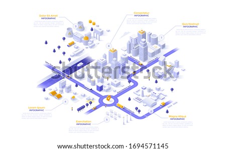 Isometric map, plan, scheme of modern megapolis riverside city with different zones - downtown, industrial district with power plants, suburban area. Infographic design template. Vector illustration.