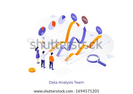 Conceptual template with team of analysts comparing graphs. Business data analysis team, financial forecast, statistical market research. Modern isometric vector illustration for website, banner. ストックフォト © 