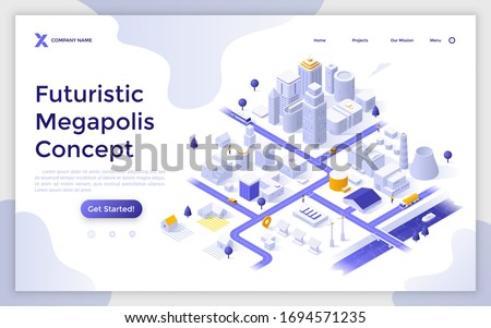 Landing page template with metropolis city map with urban and suburban areas, white buildings, houses, skyscrapers. Concept of futuristic megapolis. Modern isometric vector illustration for webpage.
