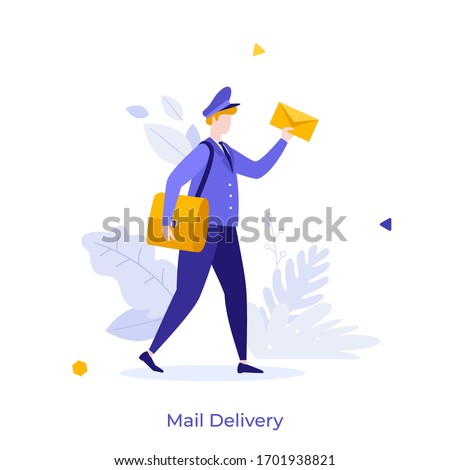 Postman, mailman, postal carrier or postie in uniform and cap carrying messenger bag and letter in envelope. Concept of express mail delivery service. Modern flat colorful vector illustration.