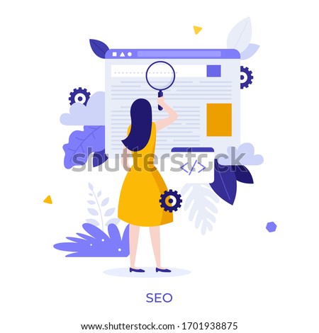 Woman holding giant magnifier or loupe. Concept of SEO or search engine optimization, optimizing website through HTML code modifying, online marketing strategy. Modern flat vector illustration.