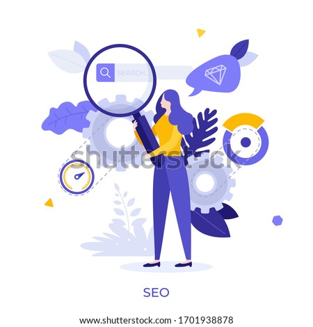 Woman holding giant magnifying glass or loupe. Concept of SEO or search engine optimization, internet algorithm for increasing website visibility, online marketing strategy. Flat vector illustration.