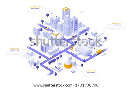 Isometric map of city downtown or business district, industrial zone and suburban area with paper white buildings, houses and skyscrapers. Modern infographic design template. Vector illustration.