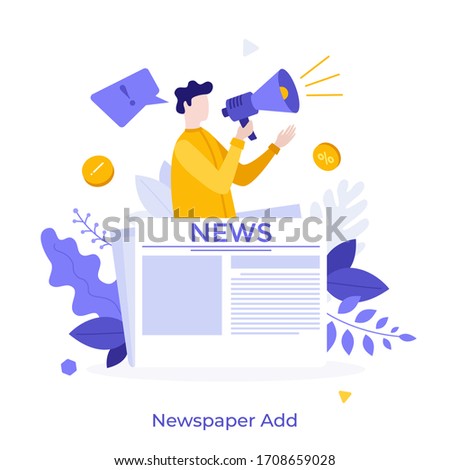 Person with megaphone or bullhorn promoting product on newspaper. Concept of commercial, advertisement, promotion in periodical publication, printed media, news broadcasting. Flat vector illustration.