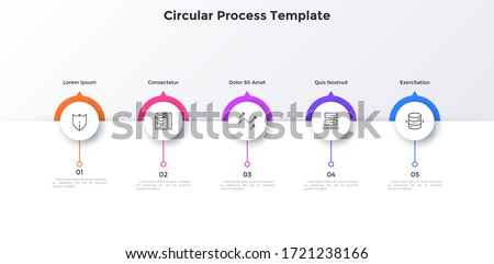 Progress bar with five paper white round elements placed in horizontal row. Concept of 5-stepped business development process. Simple infographic design template. Modern flat vector illustration.