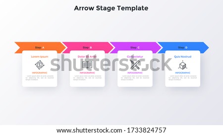 Progress bar with four colorful arrows and paper white square elements placed in horizontal row. Concept of 4 steps to project completion. Simple infographic design template. Vector illustration.