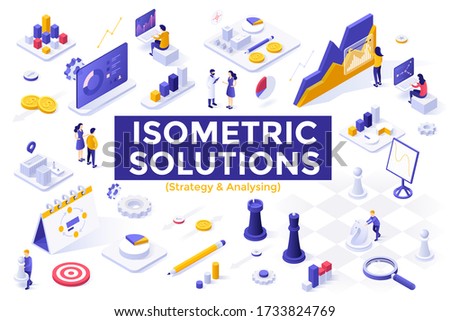 Strategy and analysis set - people analyzing statistics, statistical research, strategic business planning. Bundle of isometric design elements isolated on white background. Vector illustration.