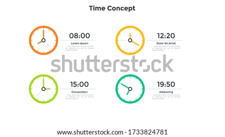 Four colorful clock faces and time indication. Concept of timetable, schedule, appointment planning, organization of daily activities. Simple infographic design template. Modern vector illustration.