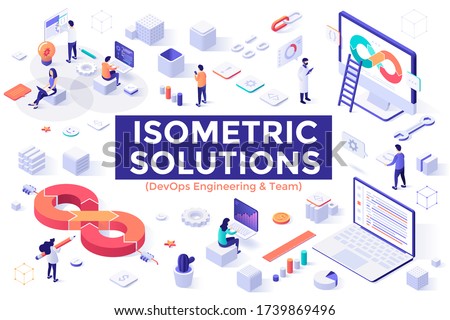 DevOps Engineering and Team set - people working on computers and developing software, programming or coding. Bundle of isometric design elements isolated on white background. Vector illustration.