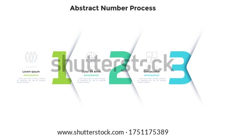 Three numbers or figures overlaid by paper white corners or arrows. Concept of 3 successive steps of business process. Minimal infographic design template. Modern vector illustration for progress bar.