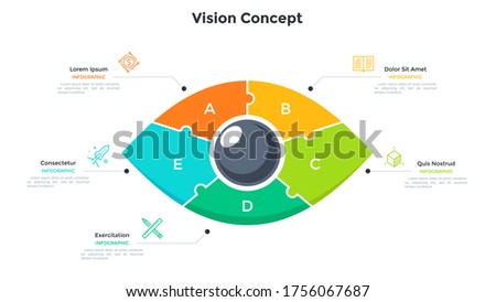 Eye divided into 5 colorful jigsaw puzzle pieces. Concept of five features of creative business vision. Simple infographic design template. Modern flat vector illustration for presentation, banner.