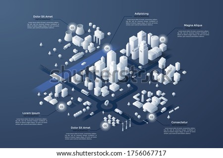 Isometric city map with business, living and industrial districts, urban and suburban areas, paper white buildings and river. Real estate plan. Infographic design template. Modern vector illustration.