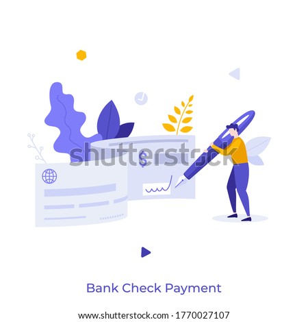 Man holding pen and signing on bank document. Concept of check payment method, financial or banking service, money transaction or transfer. Modern flat colorful vector illustration for banner, poster.